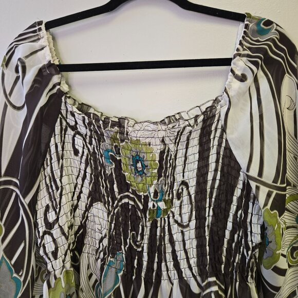 Women's Sheer Green Brown Hippy Floral Print Peasant Top M 3/4 Sleeve Boho Style - Picture 8 of 10